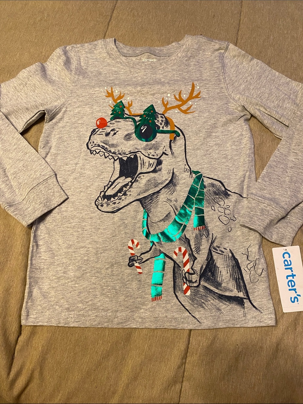 Carter's‎ Christmas T-Rex Dinosaur Long Sleeve Shirt Sz 6 Gray NWT